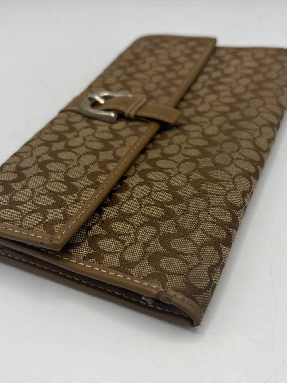 Coach Brown Signature Pattern Clutch Wallet with Buckle